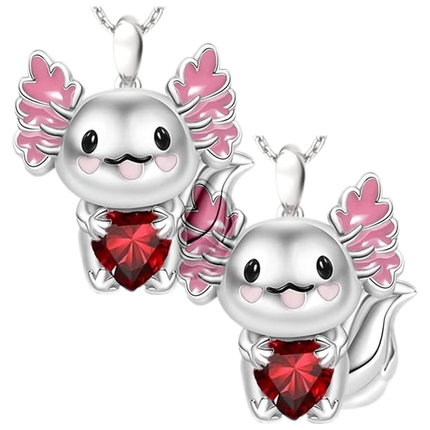 Cadenas de Dije de Animales AxolotlNeck08 2Pzas Ajolote/Corazón Plata/Rojo Metal Cadena y Dije.
