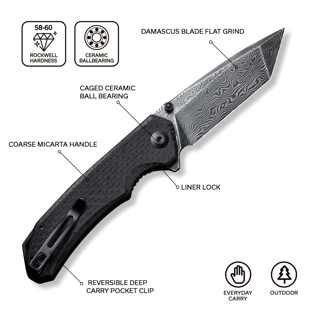 CIVIVI Brazen Pocket Knife with Clip Folding Knife 3.5 Inch Damascus Blade Black Micarta Handle C2023DS-1