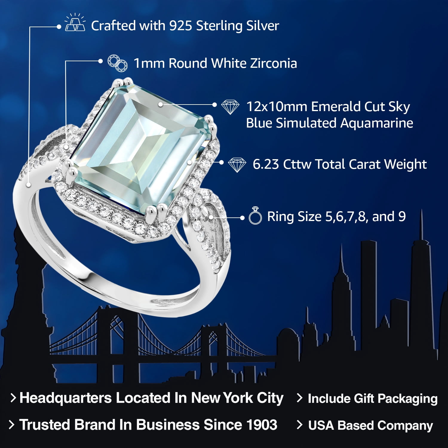Gem Stone King 6.23 Cttw Sky Blue Simulated Aquamarine Ring for Women | 925 Sterling Silver | Emerald Cut 12X10MM | Gemstone Birthstone | Wedding Engagement Anniversary Promise Ring for Women