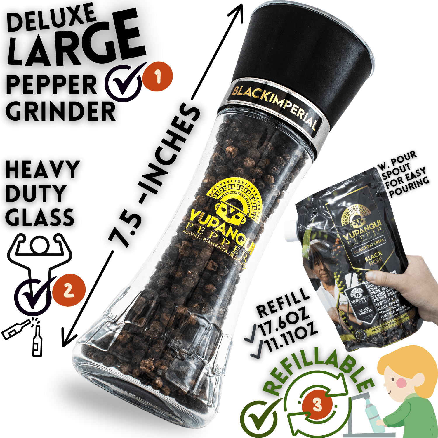 YUPANQUI Refillable Black Pepper Grinder 3.5oz Gourmet Organic Black Peppercorns for Cooking Flavor