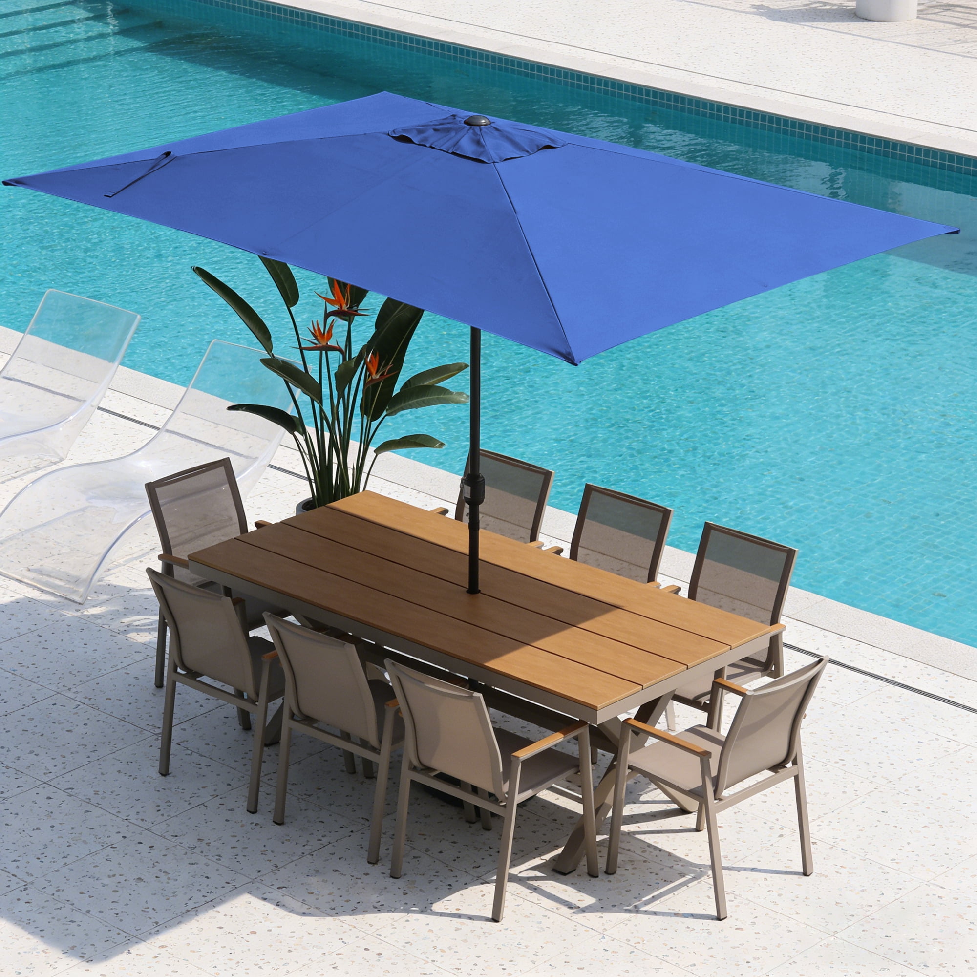 Abble 10x6.5ft Rectangular Patio Umbrella with Crank Handle, Outdoor Market Umbrella with 6 Sturdy Umbrella Ribs, Waterproof, Blue