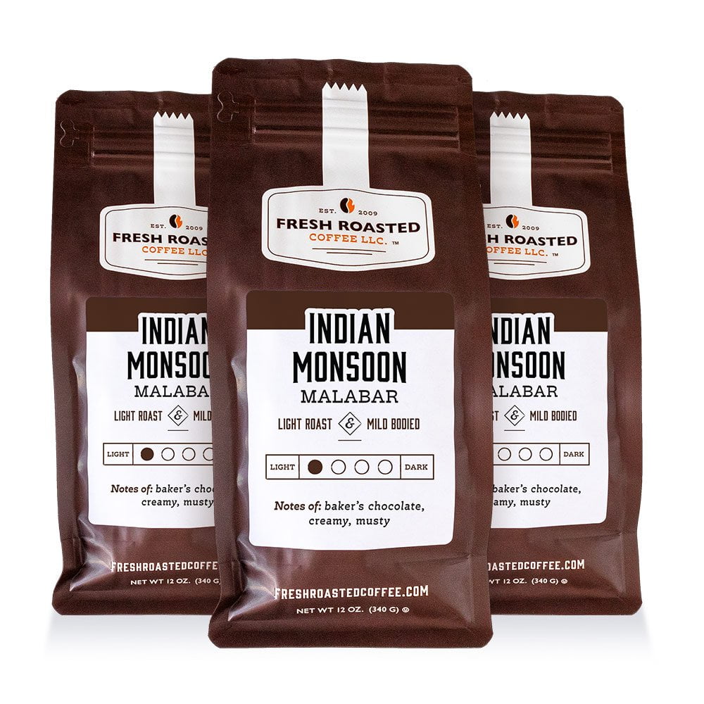 (3 pack) Fresh Roasted Coffee, Indian Monsoon Malabar Coffee, Light