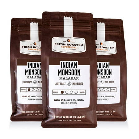 3 pack Fresh Roasted Coffee, Indian Monsoon Malabar Coffee, Light Roast, Ground, 12 oz