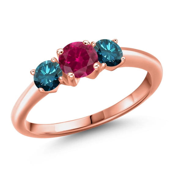 Gem Stone King 18K Rose Gold Plated Silver Red Created Ruby and Blue Diamond Engagement Ring for Women | 1.14 Cttw | Round 5MM | Gemstone July Birthstone | Size 6