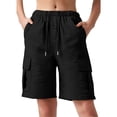 thumbnail image 3 of Women's Bermuda Cargo Shorts, Drawstring Elastic Waist Multiple Pocket Casual Shorts, Cotton Linen Loose Fit Mid-Thigh Shorts for Summer, Casual Workwear and Vacation Outfits Black L, 3 of 7