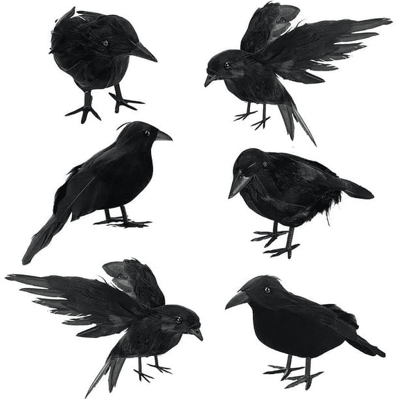 6 Pcs Halloween Black Crows Feathered Crows Realistic Looking Ravens Large Handmade Black Crow for Halloween Decoration Party Supplies