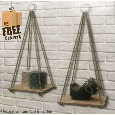 Small Decorative Hanging Wall Shelves With Rope 2 Pack 6.75X5.25" Floating Shelf