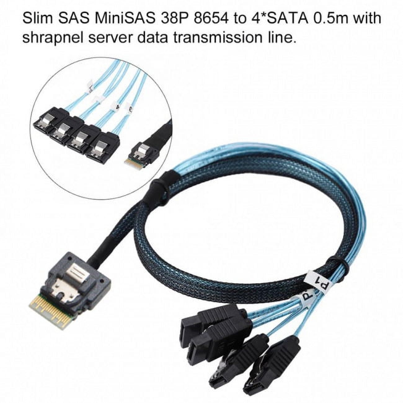 JSER Slim Line SAS 4.0 SFF-8654 4i 38pin Host to 4 SATA 7pin Target Hard Disk Fanout Raid Cable 50cm