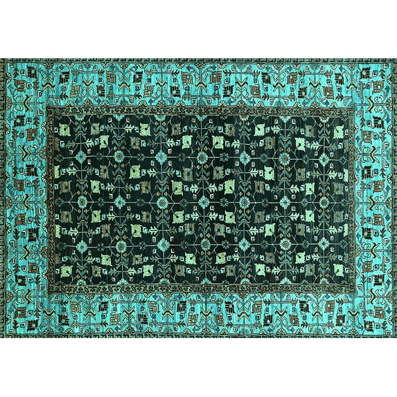 Ahgly Company Machine Washable Indoor Rectangle Oriental Turquoise Blue Industrial Area Rugs, 2' x 5'
