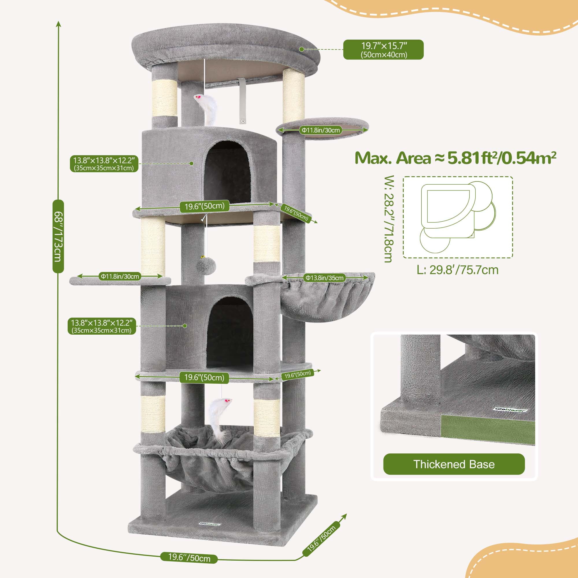 Globlazer 68" XL Corner Cat Tree Tower Condo for Large Cats - 6 Sisal Scratching Posts, 2 Condos, Hammock & Hanging Basket, Light Grey