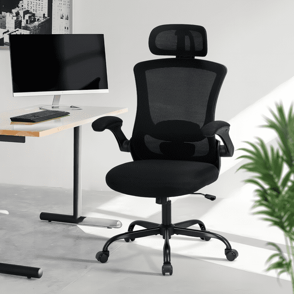 AFO Executive Ergonomic High Back Leather Office Desk Chair with Flip-Up Armrests and Adjustable Lumbar, Black
