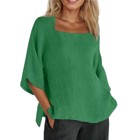 Daznico Women's Square Neck 3/4 Sleeve Linen Blend Blouse Loose Fit Casual Beach Top,L