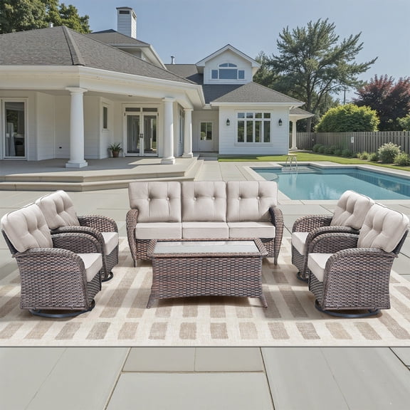 Giantfurnni Outdoor Conversation Sets, 6-Piece Patio Wicker Furniture Sets with Sofa, Swivel Rocking Chairs and Coffee Table for Backyard Balcony Porch, Beige