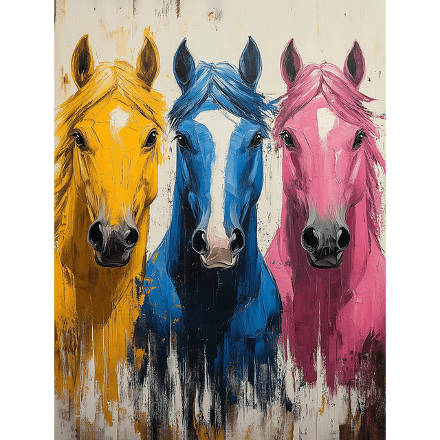 Qisvanset 12x16 Inch 2D Flat Framed Canvas Art, Abstract Colorful Horse Trio Bold Brush Stroke Farmhouse Wall Decor for Living Room Bedroom