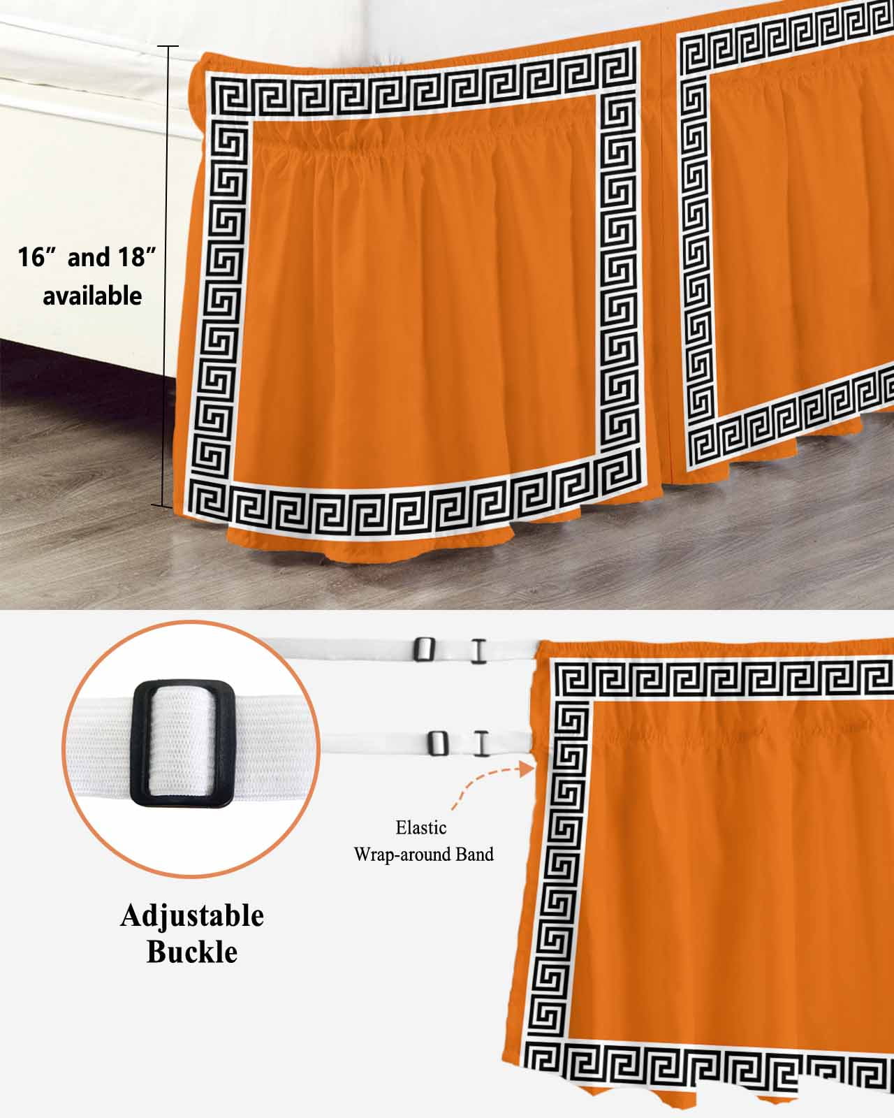 Orange Bed Skirt Greek Chinese Style Border Geometric Bed Skirts Queen Size 18 Inch Drop, Wrap Around Dust Ruffle&nbsp;Bedskirt with Adjustable Elastic Belt for Queen Size Beds