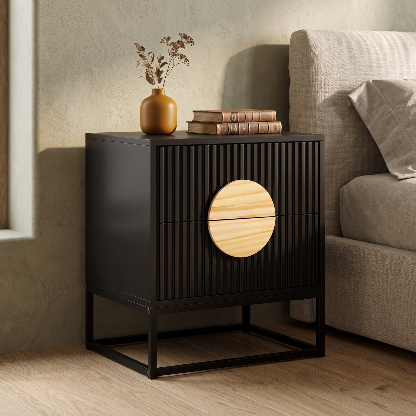 Furnibear Mid Century Fluted 2-Drawer Nightstand with Natural Pine Wood Handle and Metal Base for Bedroom, Black and Natural