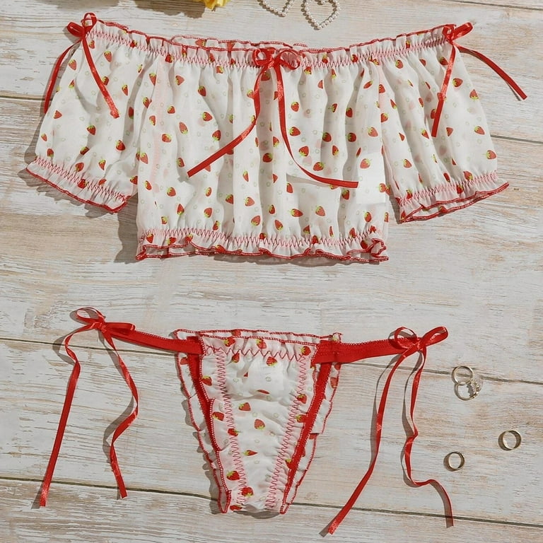 Women's Strawberry Embroidered Ruffle Underwire 3pc Lingerie Set