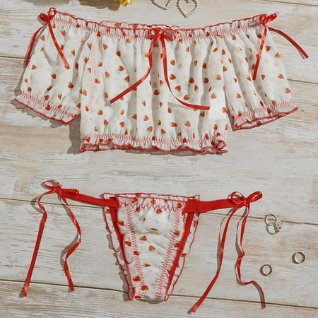 

Lingerie for Women Dqueduo Women Embroidery Lace Bowknot Strapless Bra Thong Set Sleepwear Pajamas Lingerie Valentines Day Gifts on Clearance
