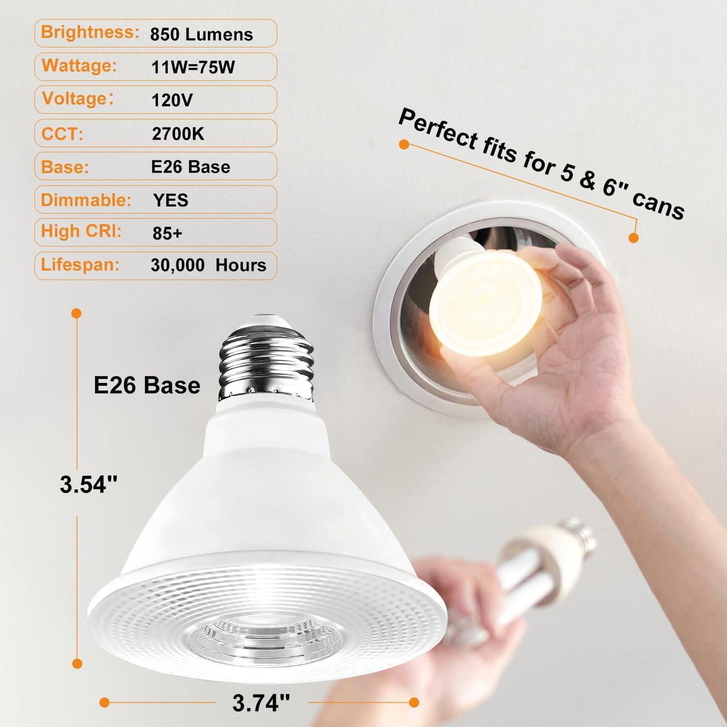 Sinvic PAR30 Short Neck LED Bulb 11W (75W Equivalent) 2700K Warm White Dimmable E26 Flood Light 6 Pack