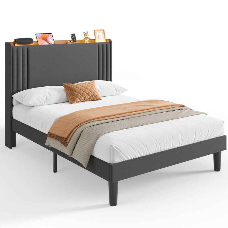 Luxury Wingback Upholstered Platform Bed Frame, Noise-Free & Sturdy, No Box Spring Required, Full Size Bed Dark Grey