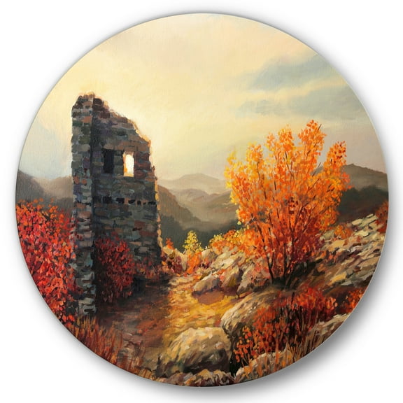 Designart 'Sunset Over Old Fortress Ruins' Farmhouse Circle Metal Wall Art 36x36 - Disc of 36
