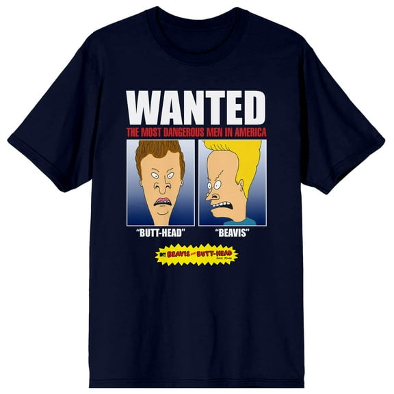 Beavis and Butthead Wanted Poster MTV Cartoon Mens Navy Graphic Tee Shirt-Medium