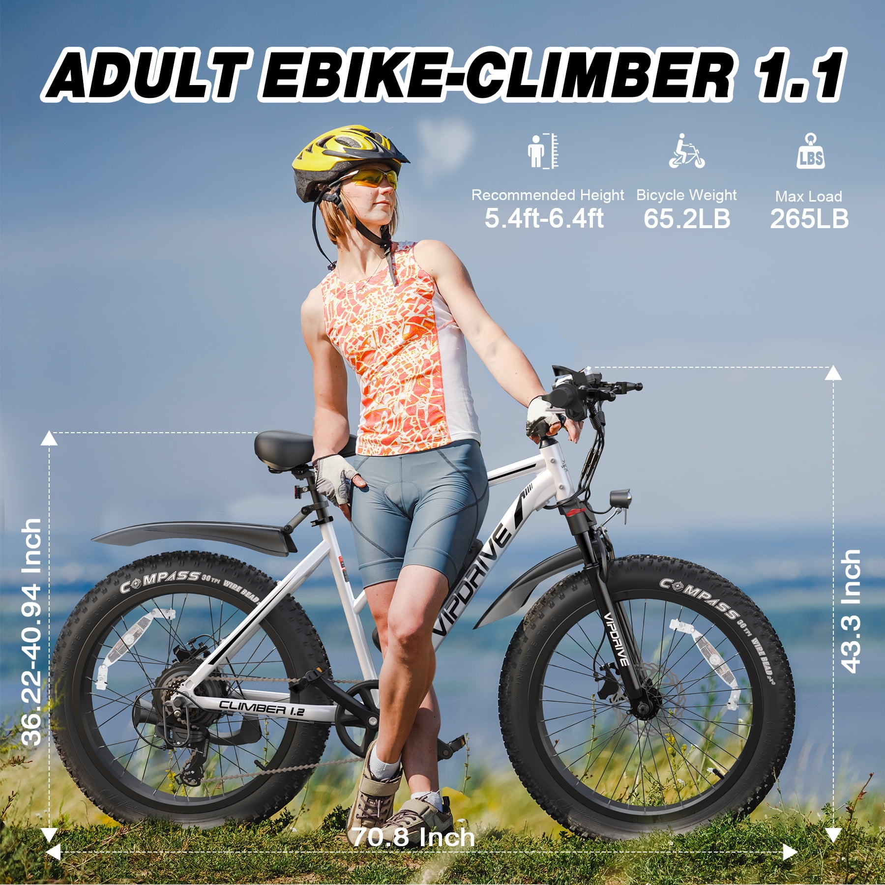 VIPDRIVE Electric Bicycle for Adults, 500W Ebike, 25MPH 50Miles Electric Mountain Bike, 26" 4.0 Fat Tire Electric Bike for Adults， with 48V 13AH Battery, 7 Speed，UL2849