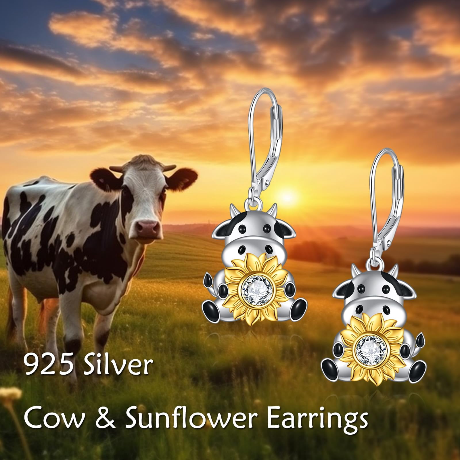 Cow Earrings Sterling Silver Sunflowers Lever Back Earrings Animal Jewelry for Woman Gifts (cow earring)