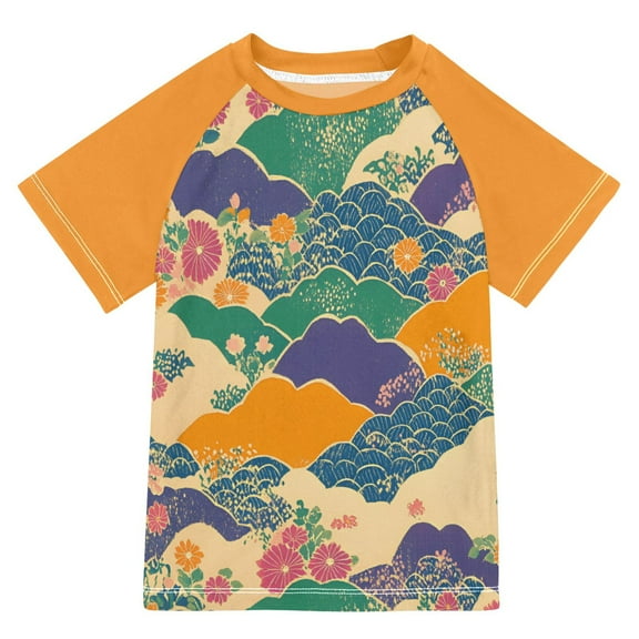 FORMRS Boys Rash Guard with Short Sleeves UPF 50  Swim Shirts Sizes 3-12T, Beige Floral Wave