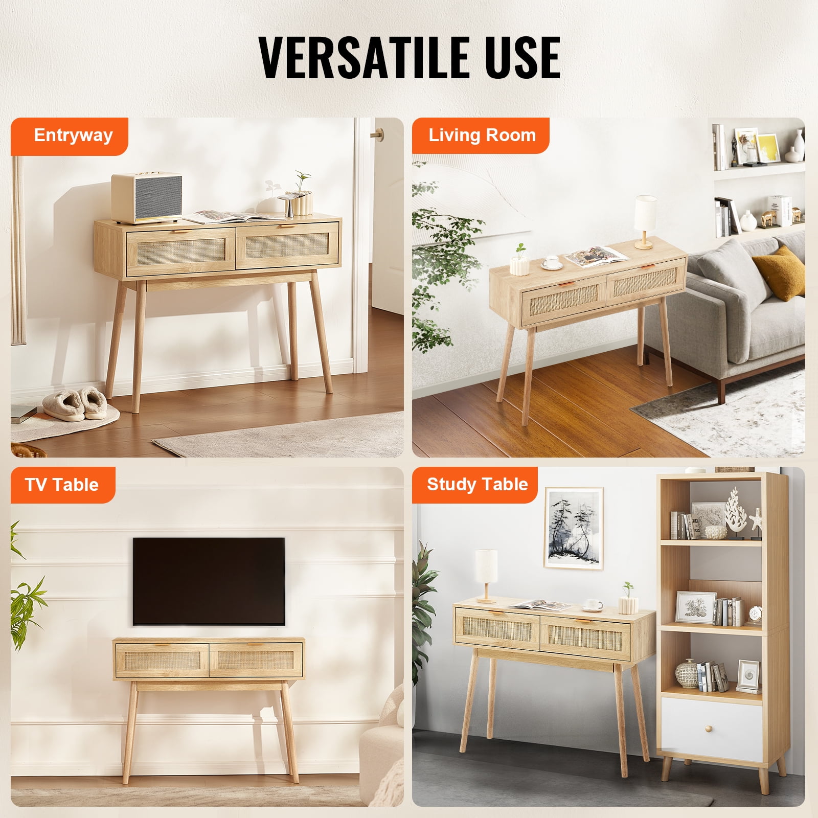 VEVOR Rattan Console Table with 2 Storage Drawers, Rattan Entryway Table with Natural Rattan Sliding Door, Console Sofa Table for Living Room, Study, Entryway Or TV Wall, Natural