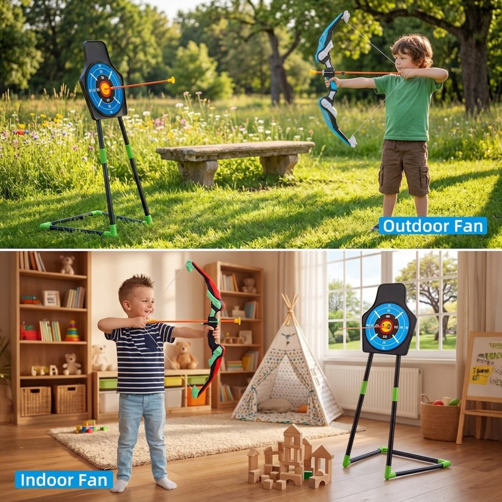 Fenbeli Light-Up Bow and Arrow Set with 2 LED Bows, 20 Suction-Cup Arrows, Standing Target and 2 Quivers