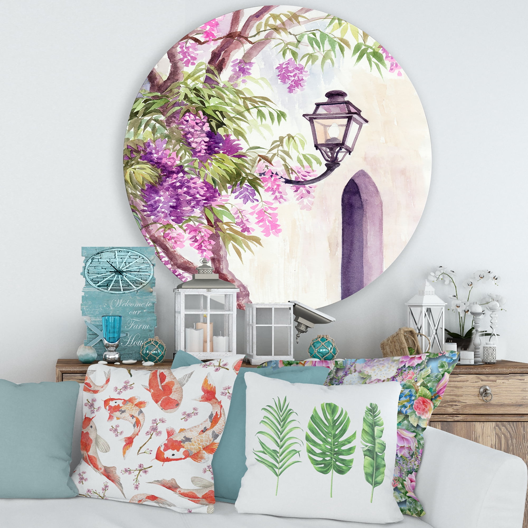 Designart 'Lantern and Wisteria' Traditional Circle Metal Wall Art 29x29 - Disc of 29