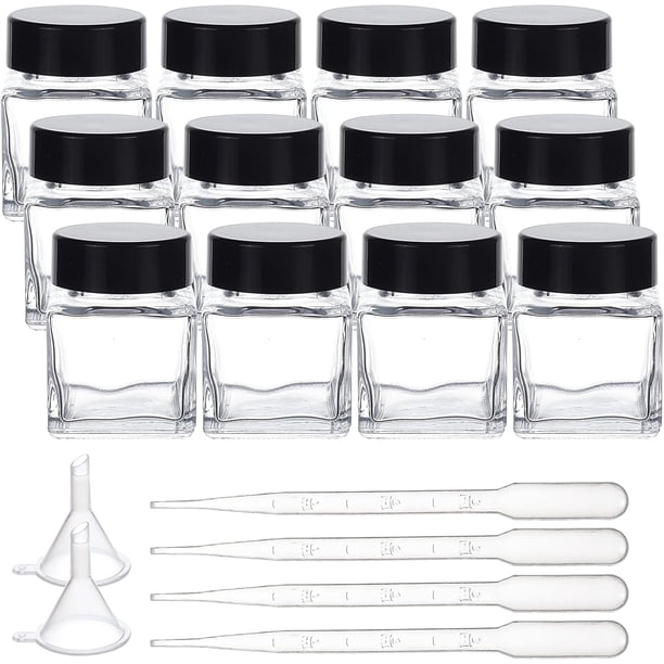 Paquete de 12 frascos de tinta vacíos de 30 ml, transparentes, para pluma estilográfica, con tapones de plástico; 4 mini embudos de plástico transparente; 6 gotas de plástico desechables de 2 ml.