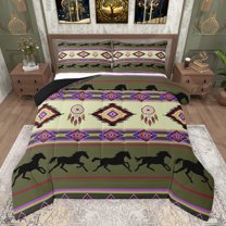 jejeloiu Western Tribal Full Size Comforter Sets,Retro Aztec Geometric Bedding Comforter Set,Purple Green Pink Bedding Sets For Adult,Microfiber Bedroom Decor Reversible,3-Piece