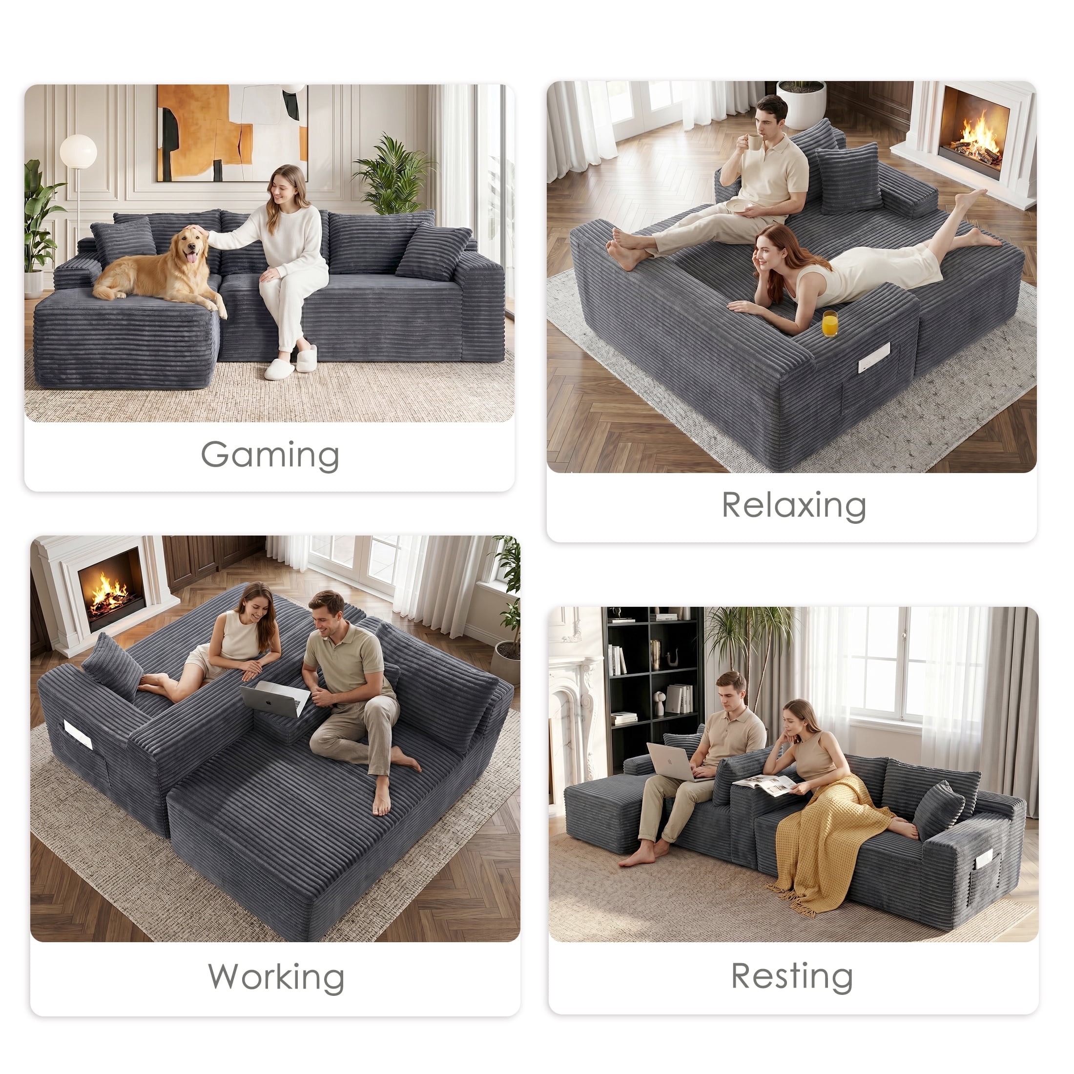 Xiweot 95" Modular Cloud Couch Sectional Sofa for Living Room, Modern Corduroy Boneless Couch with Side Pockets, Upholstered Deep Seat L Shape Sofas, No Assembly Required, Gray