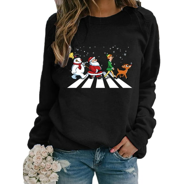 Innerwin Chandail Col Rond Femmes Hauts Imprimé de Noël Xmas Chandail en Molleton Noir P