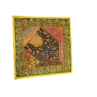 Mogul Ethnic Yellow Cushion Cover Patchwork Embroidered Sequin Beaded Cotton Square Pillow Sham