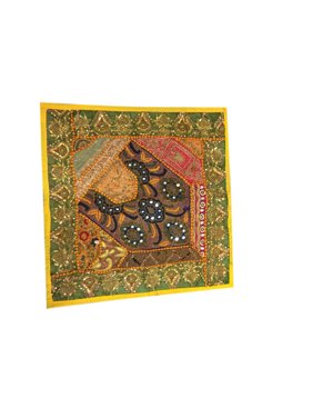 Mogul Ethnic Yellow Cushion Cover Patchwork Embroidered Sequin Beaded Cotton Square Pillow Sham