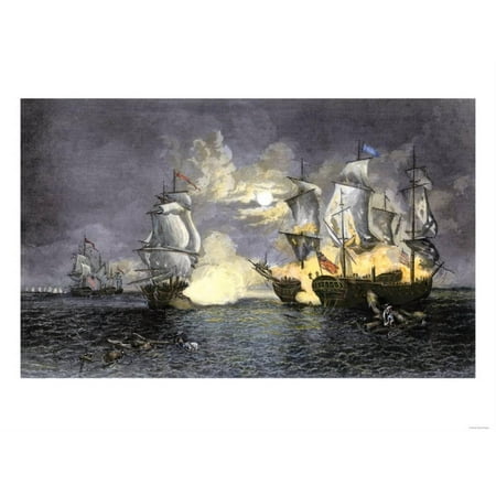 Best Battle Scenes John Paul Jones's Ship, Bon Homme Richard, Defeating the British Serapis, c.1779 Traditional Ocean Seascape Battle Scene Ships Print Wall Art ()