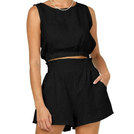 

Womens Suit Sleeveless O-Neck Top + Loose Pants Set Solid Casual Set Women S Spring And Summer Breathable Set Pajamas Sportswear Home Wear