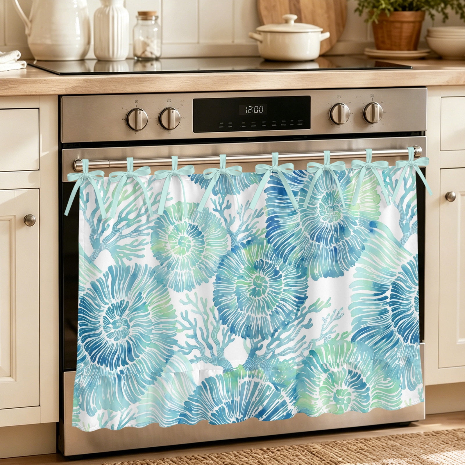 Oven Skirt Curtain for Kitchen 20x27 Inch Blue Conch Oven Curtain with 8 Ribbon Ties & Ruffle Trim Stove Skirt Curtain Dishwasher for Cabinets Over Sinks Coastal Summer Beach Coral