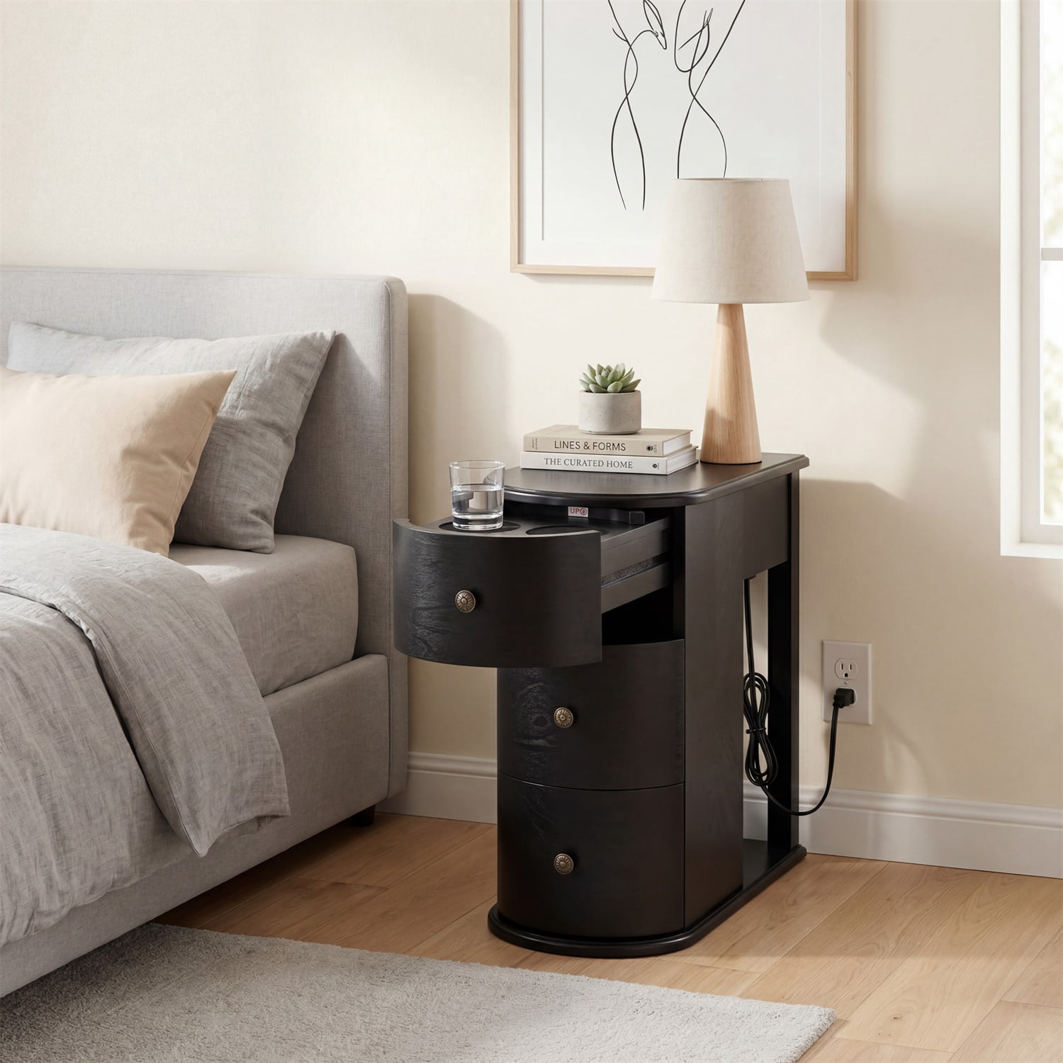 Hommoo Modern End Table with Hidden Dual Cup Holders, Built-in Charging Station, Pull-Out Side Table & 2 Deep Storage Drawers, Space-Saving Bedside Table for Bedroom and Living Room, Black