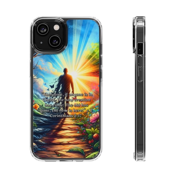DistinctInk Hybrid (Acrylic / TPU) Clear Slim Fit Case for Apple iPhone 15 (6.1" Screen) - 2 Corinthians 5:17 - The Old Gone, the New Here