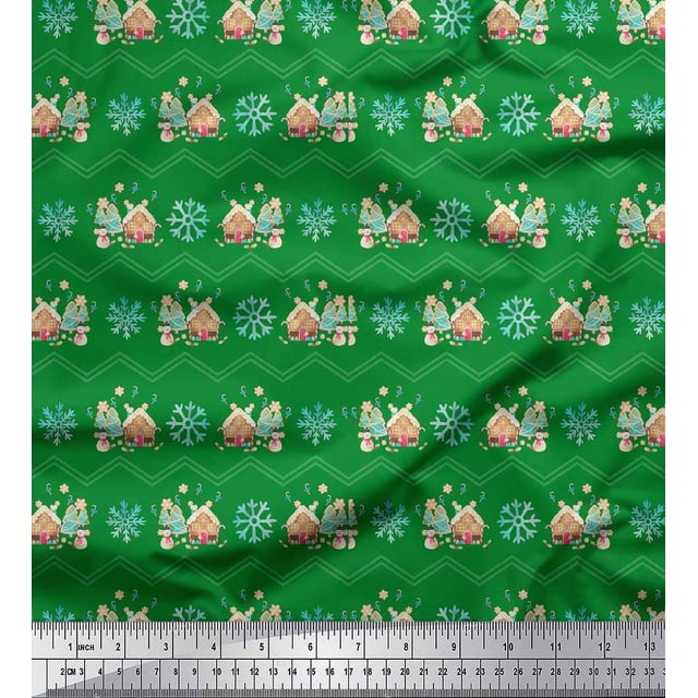Soimoi Green Poly Georgette Fabric Snowman & Snowflake Christmas Decor Fabric Printed Yard 52 Inch Wide