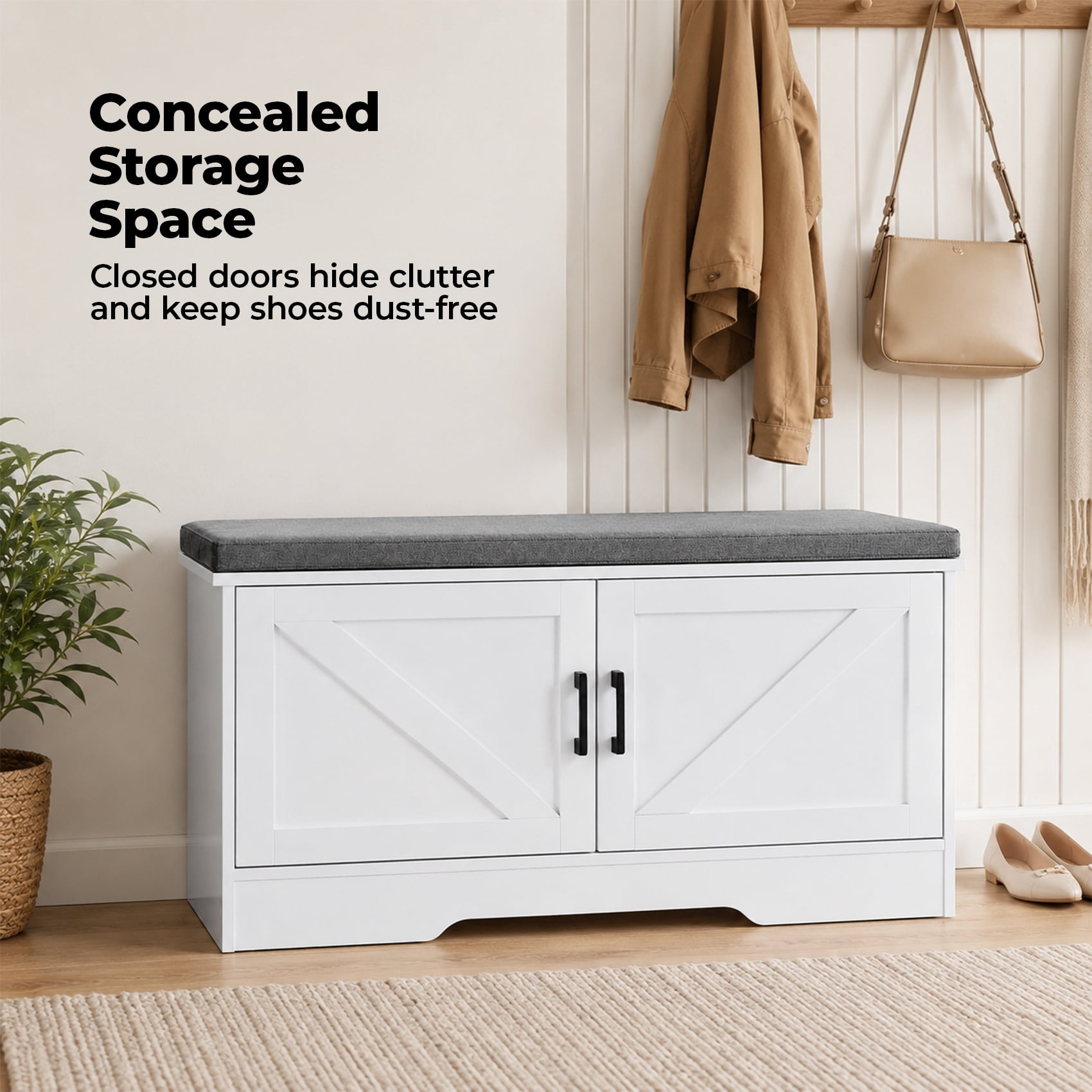 Alvantor 2-Tier Wooden Shoe Storage Cabinet with Padded Cushion and Adjustable Shelves