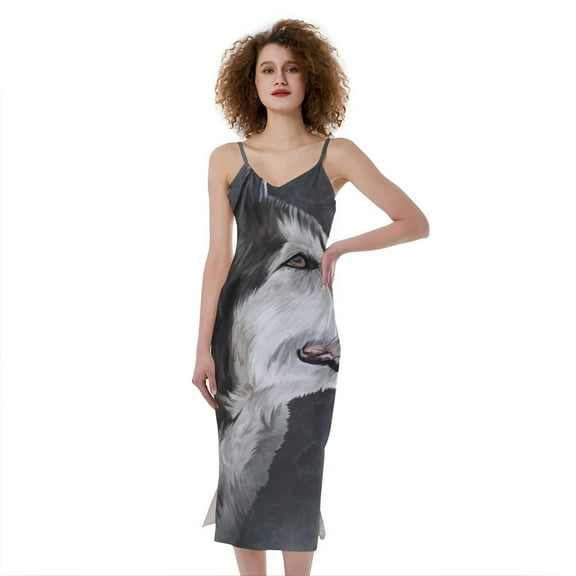 Alaskan Malamute Painting Print Slim Fit Midi Cami Dress, Dog Pet Lover Fashion Summer Maxi Sexy Casual Dress For Women