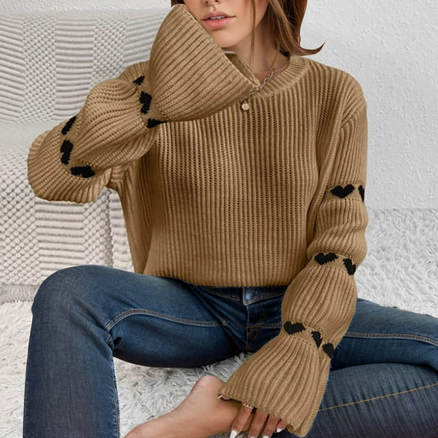 Suéter de cuello redondo para mujer, suéter informal con corazón, suéter de cuello redondo, suéter de cuello redondo, abrigo para mujer