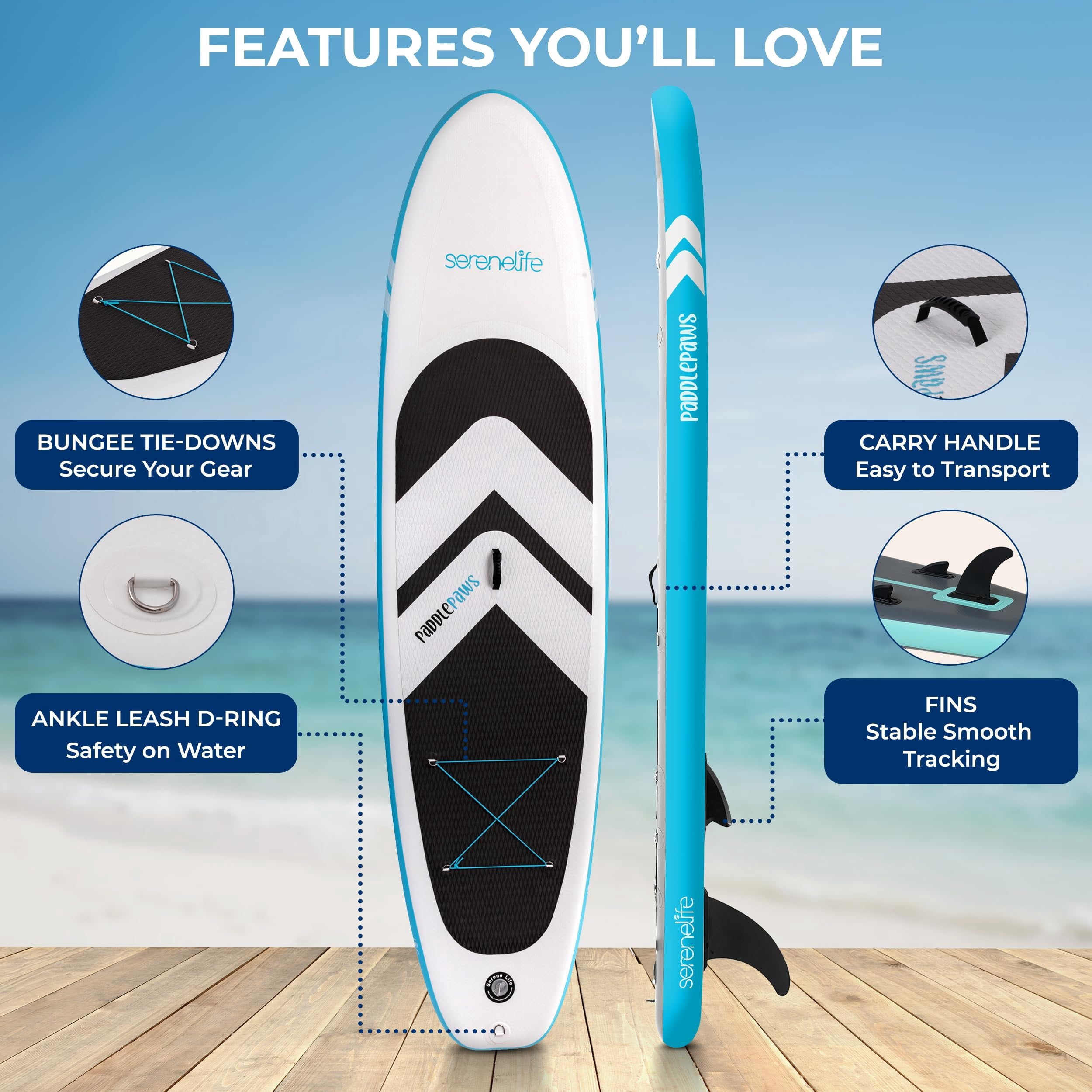 SereneLife 116 Inflatable SUP - Pet-Friendly Stand-Up Paddleboard for Adults and Pet Ride Alongs - 35 Wide Stable Design with Non-Slip EVA Deck Pad, Premium SUP Accessories, 485 lbs. Capacity