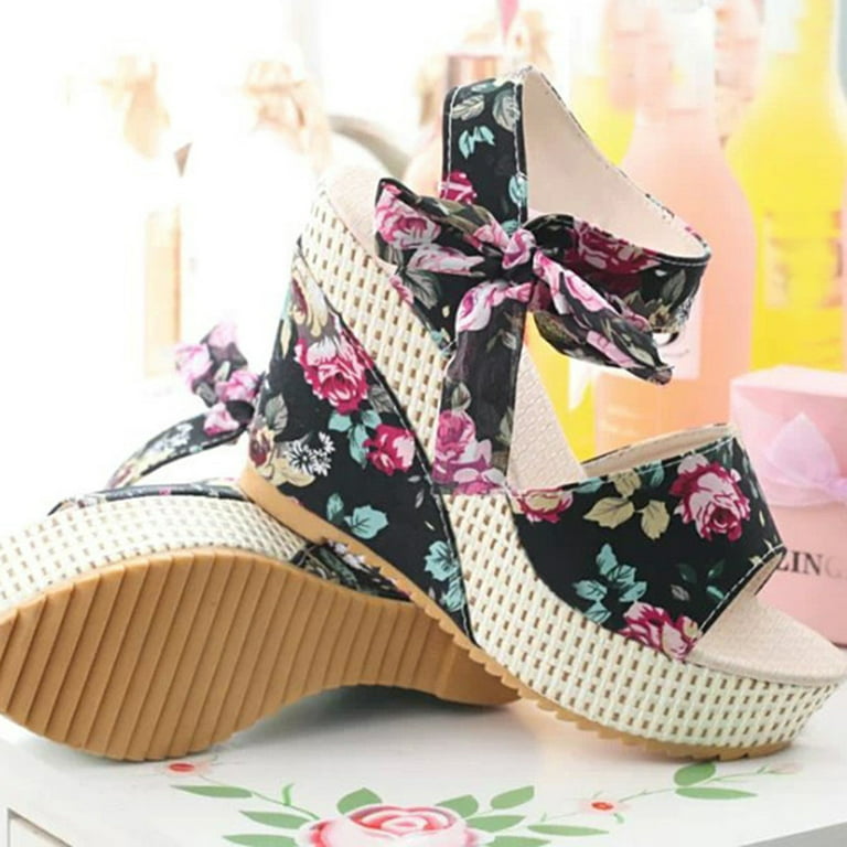 Women's Ladies Platform Wedges Heel Sandals Floral Flower Lace-up Shoes  Footwear Black 7.5-8(39)