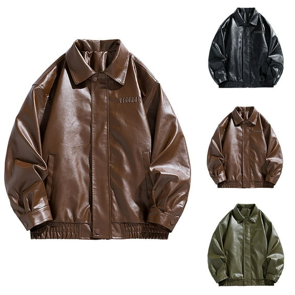 Miluxas Men's Leather Jacket Lapel Collar Motorcycle Coat Snap Button Faux Leather Bomber Jackets Coffee